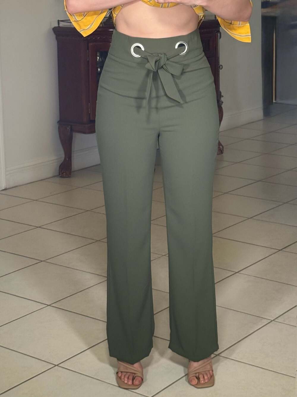 Express Super High Rise Wide Leg Tie Belt Pants Olive Green Size 8R NwT - Picture 1 of 5